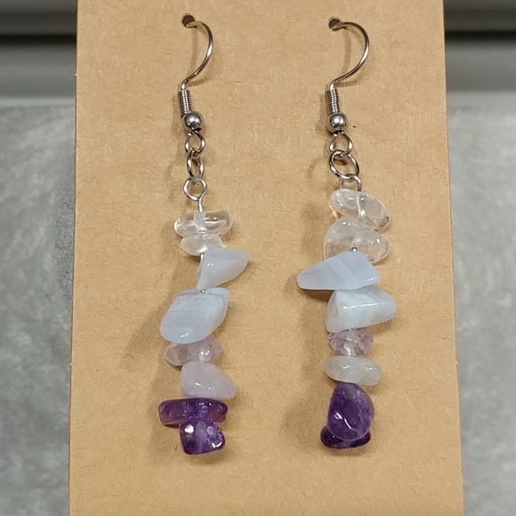 Amethyst Quartz Crystal Blue Lace Agate Earrings Natural Gemstone Chip Beaded - Picture 10 of 14
